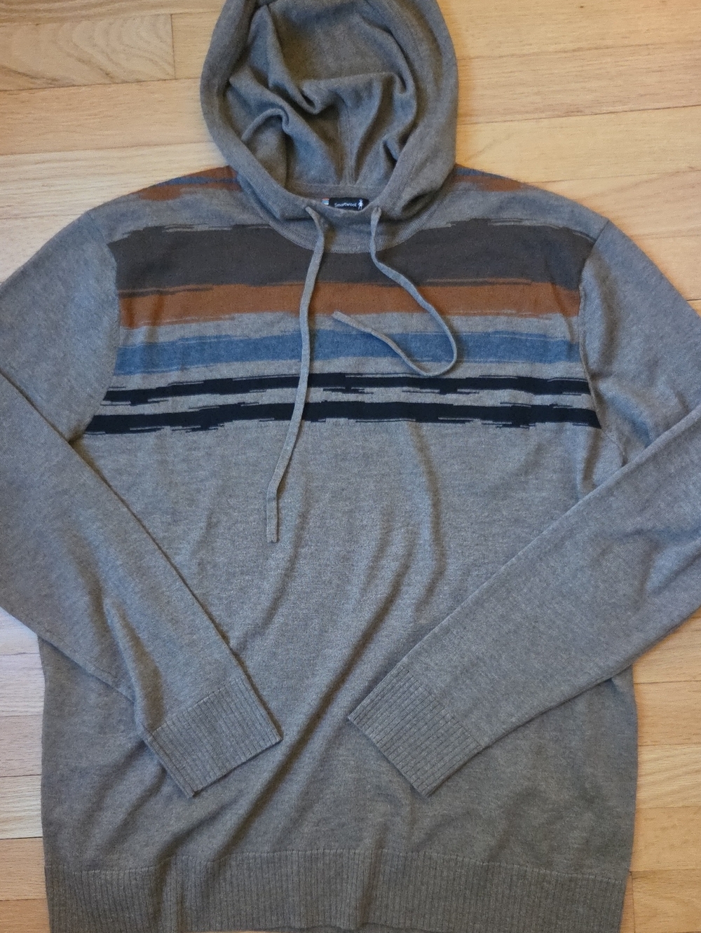 Smartwool Men's Gray Hoodie Sweater with Blue, Brown and Black Stripes